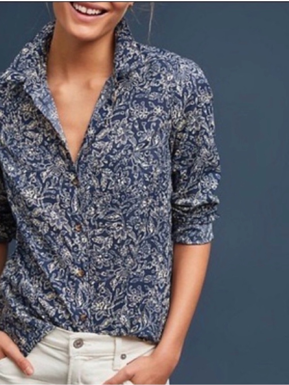 Anthropologie Maeve Navy Paisley Floral Button-Down Shirt